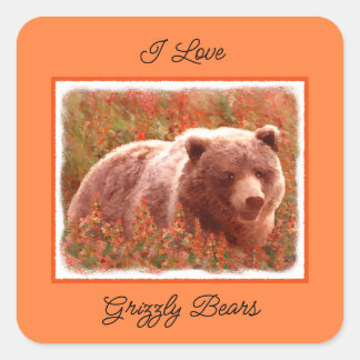 Grizzly Bear Cub in Fireweed Painting Wildlife Art Square Sticker