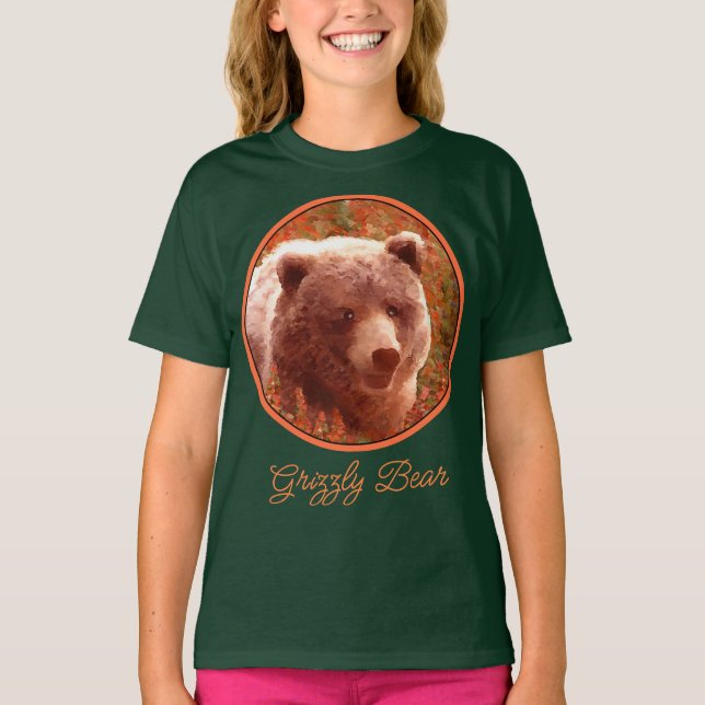 Grizzly Bear Cub in Fireweed Painting Wildlife Art T-Shirt (Front)