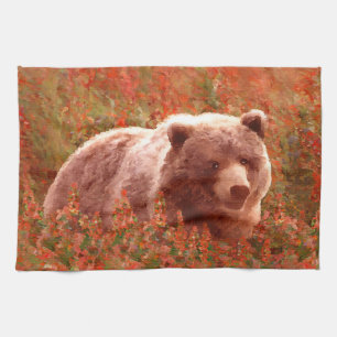 Grizzly Bear Cub in Fireweed Painting Wildlife Art Tea Towel