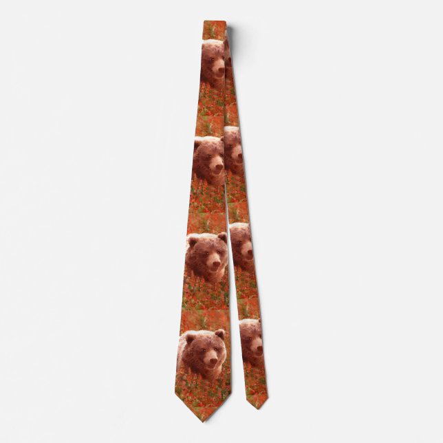 Grizzly Bear Cub in Fireweed Painting Wildlife Art Tie (Front)