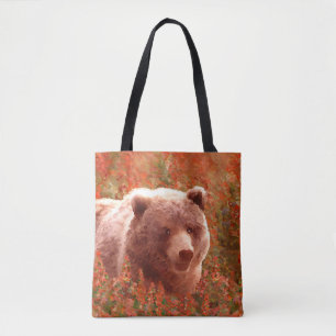 Grizzly Bear Cub in Fireweed Painting Wildlife Art Tote Bag