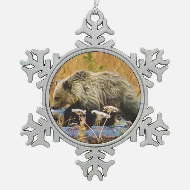 Grizzly Bear Cub Snowflake Pewter Christmas Ornament (Front)