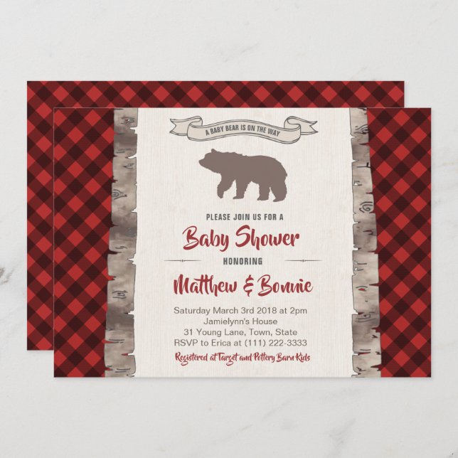 Grizzly Bear Cub Winter Plaid Baby Shower Invitation (Front/Back)