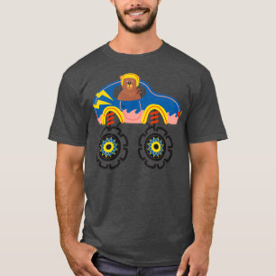 Grizzly bear driving a blue monster truck T-Shirt