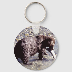 Grizzly Bear Eating a Salmon Key Ring