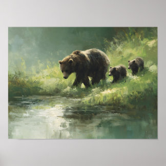Grizzly Bear Family by the River Poster
