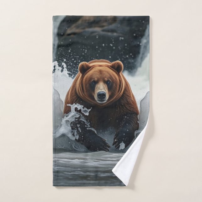 Grizzly Bear Fishing at Falls Bath Towel Set (Hand Towel)