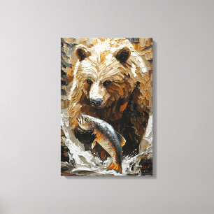 Grizzly Bear Fishing in Dynamic Impasto Style Canvas Print