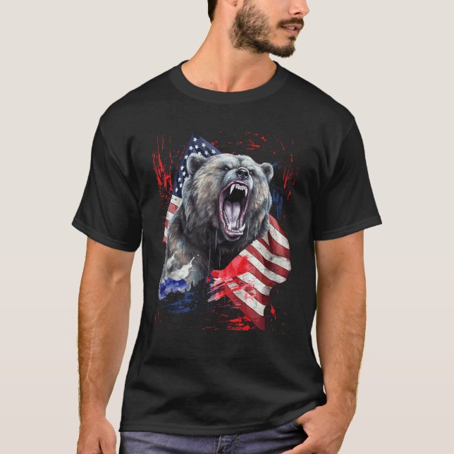 Grizzly Bear Grunge American Flag 4th Of July Patr T-Shirt (Front)