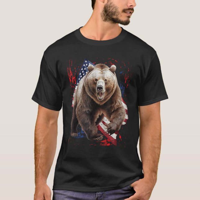 Grizzly Bear Grunge American Flag 4th Of July Patr T-Shirt (Front)