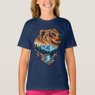 Grizzly Bear Head Silhouette Mountain Forest River T-Shirt