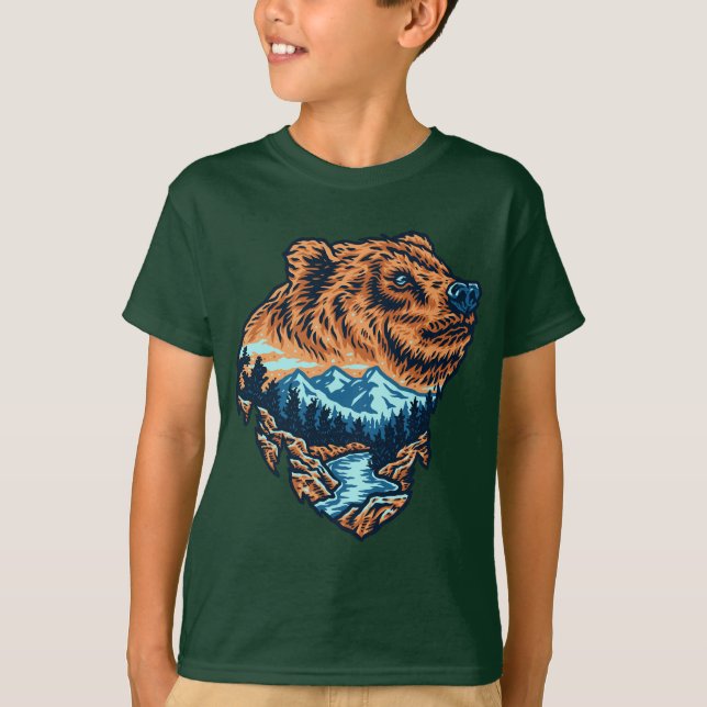 Grizzly Bear Head Silhouette Mountain Forest River T-Shirt (Front)