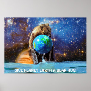 Grizzly Bear Holding Planet Earth Art Poster