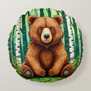 Grizzly Bear in a Birch Forest Round Cushion