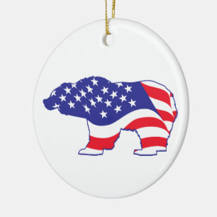 Grizzly Bear in an American Flag Ceramic Tree Decoration