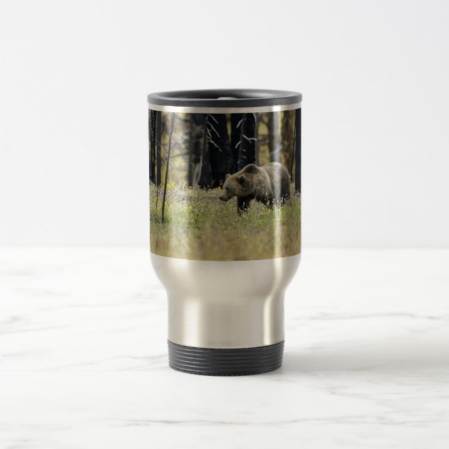 Grizzly Bear in Field at Yellowstone National Park Travel Mug (Center)