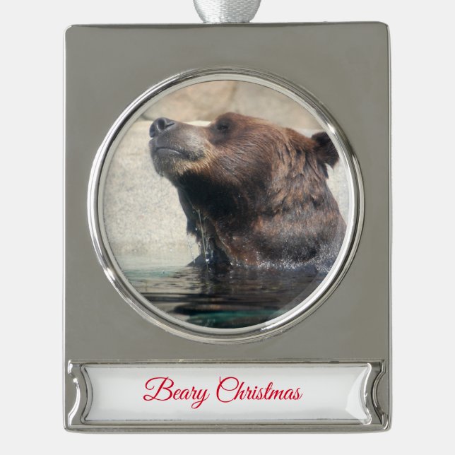 Grizzly Bear in The Water Silver Plated Banner Ornament (Front)