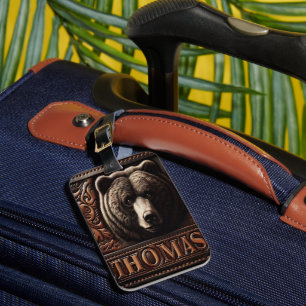 Grizzly Bear Leather Carving Luggage Tag