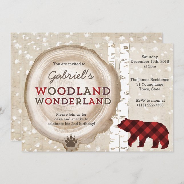 Grizzly bear lumberjack plaid birthday party invitation (Front/Back)