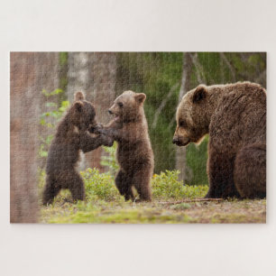Grizzly Bear Mama With Playful Cubs Jigsaw Puzzle