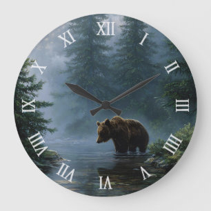Grizzly Bear Misty Forest Large Clock