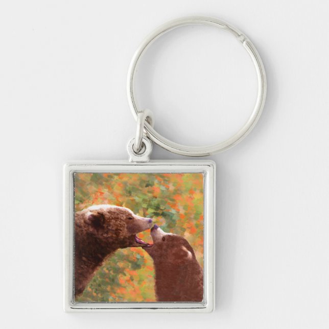 Grizzly Bear Mom and Cub Painting - Wildlife Art Key Ring (Front)