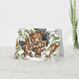 Grizzly Bear Mother and Cubs in Winter Card