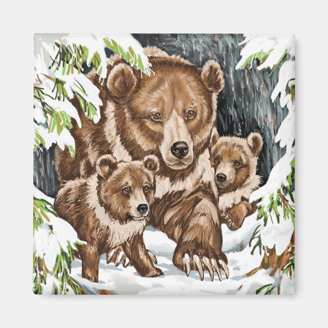 Grizzly Bear Mother and Cubs in Winter Magnet (Front)