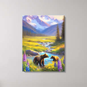 Grizzly Bear Mountain Meadow Wildflowers Painting Canvas Print