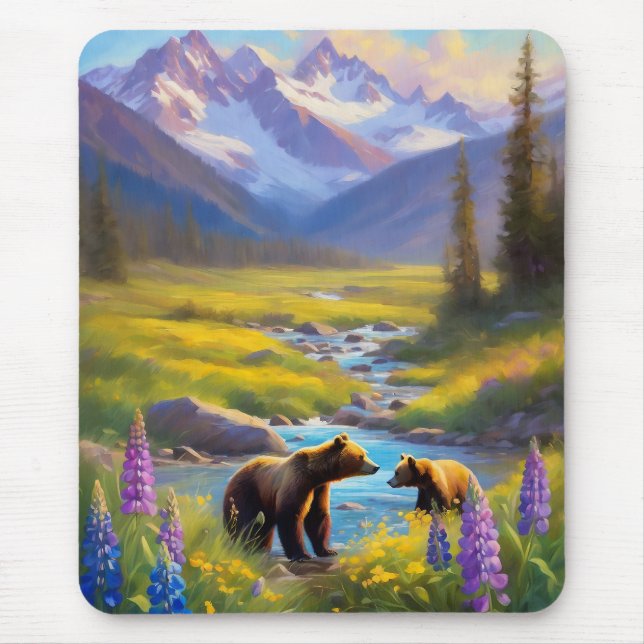 Grizzly Bear Mountain Meadow Wildflowers Painting Mouse Mat (Front)