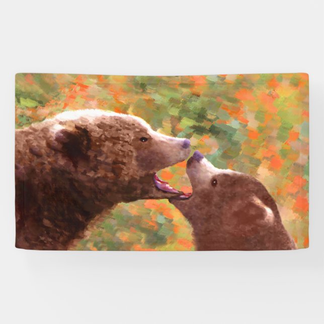 Grizzly Bear Mum and Cub Painting - Wildlife Art Banner (Horizontal)