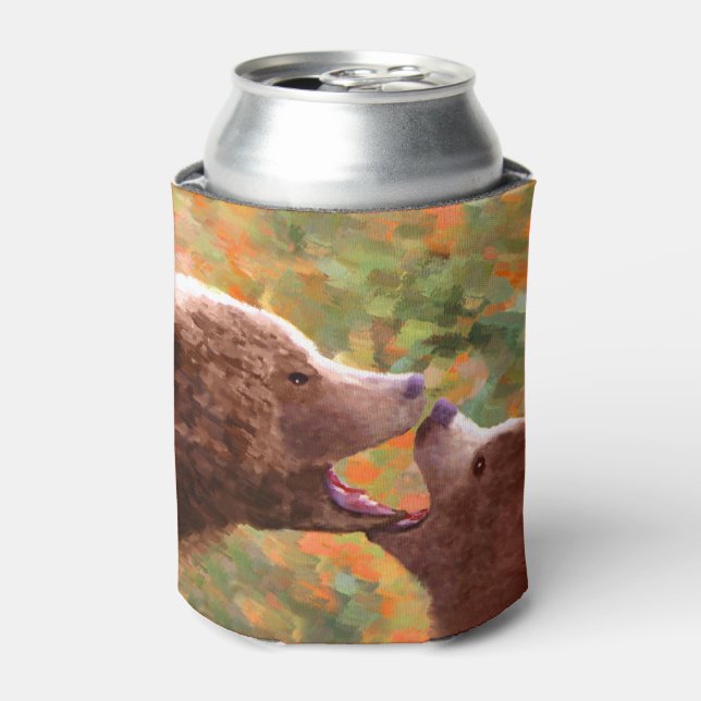 Grizzly Bear Mum and Cub Painting - Wildlife Art Can Cooler (Can Front)