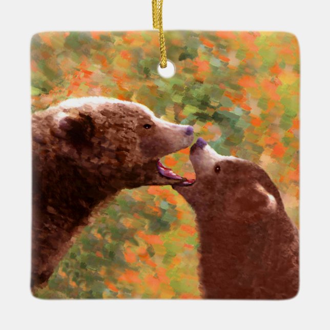 Grizzly Bear Mum and Cub Painting - Wildlife Art Ceramic Ornament (Front)