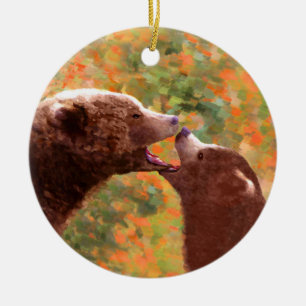 Grizzly Bear Mum and Cub Painting - Wildlife Art Ceramic Tree Decoration