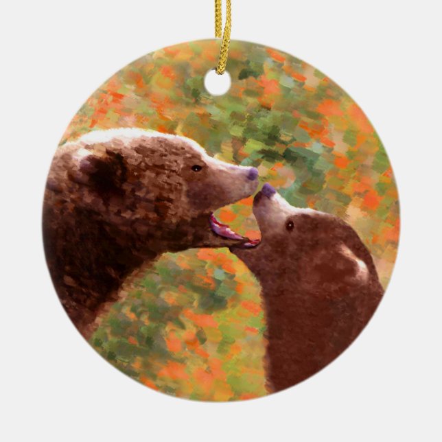 Grizzly Bear Mum and Cub Painting - Wildlife Art Ceramic Tree Decoration (Front)
