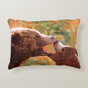 Grizzly Bear Mum and Cub Painting - Wildlife Art Decorative Cushion