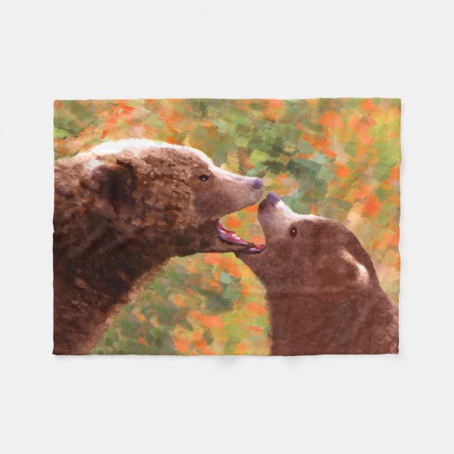 Grizzly Bear Mum and Cub Painting - Wildlife Art Fleece Blanket (Front (Horizontal))