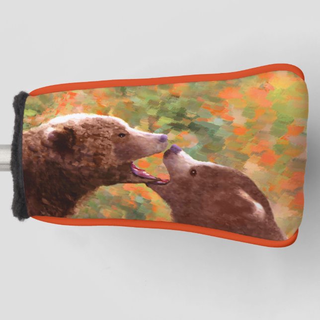 Grizzly Bear Mum and Cub Painting - Wildlife Art Golf Head Cover (Front)