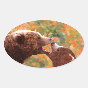 Grizzly Bear Mum and Cub Painting - Wildlife Art Oval Sticker