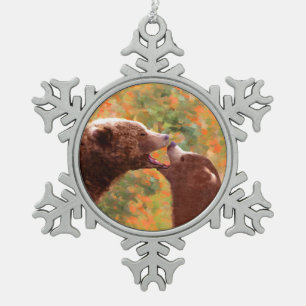 Grizzly Bear Mum and Cub Painting - Wildlife Art Snowflake Pewter Christmas Ornament