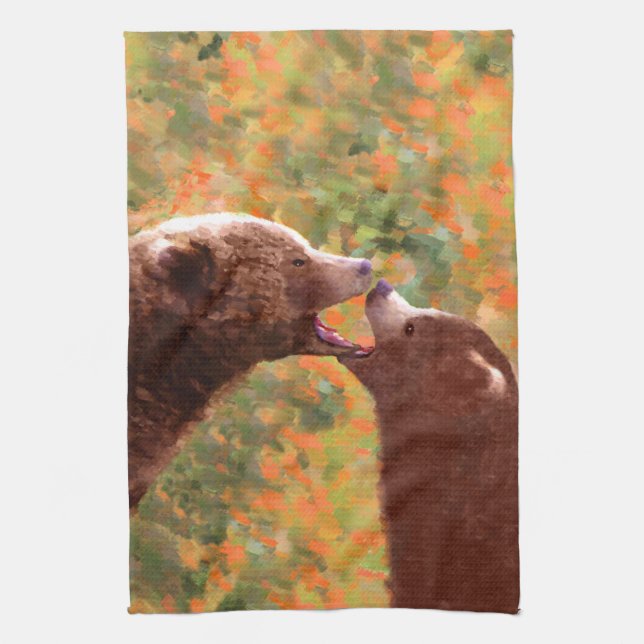 Grizzly Bear Mum and Cub Painting - Wildlife Art Tea Towel (Vertical)