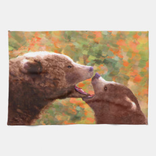 Grizzly Bear Mum and Cub Painting - Wildlife Art Tea Towel