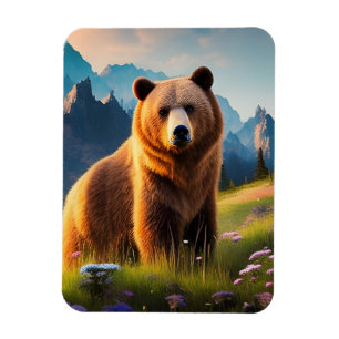 Grizzly Bear on Mountainside in flowers Magnet