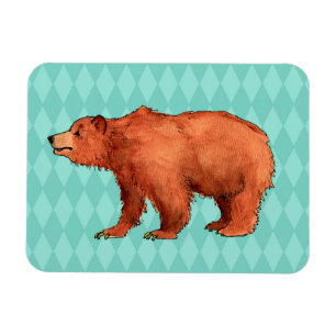 Grizzly bear on teal diamond pattern magnet