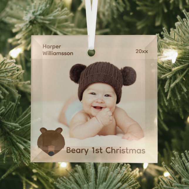 Grizzly Bear Photo Baby First Christmas Glass Tree Decoration (Insitu)