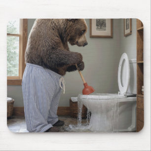 Grizzly Bear Plunging an Overflowing Toilet Mouse Mat