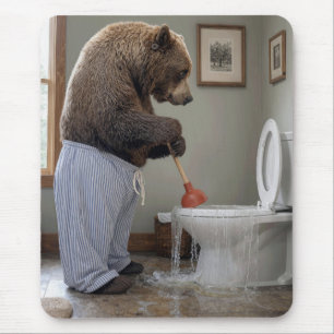 Grizzly Bear Plunging an Overflowing Toilet Mouse Mat