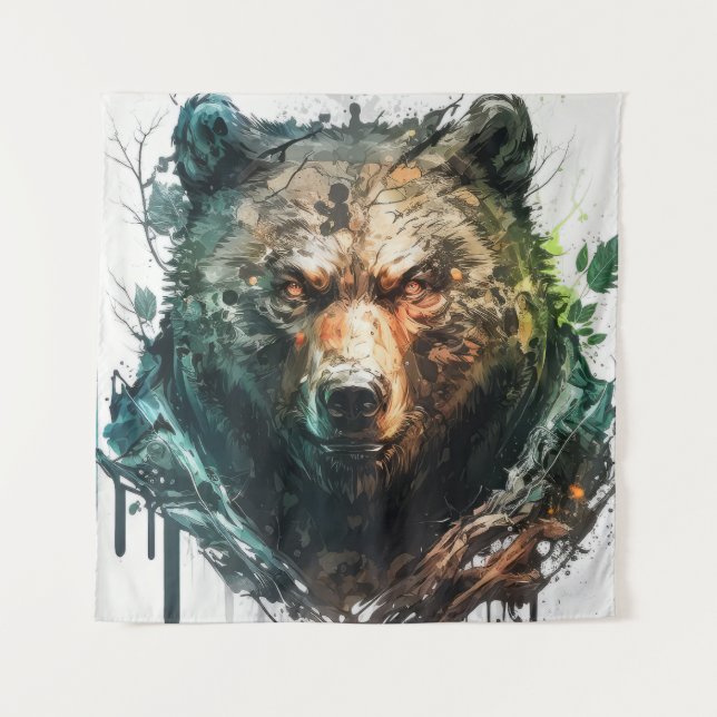 Grizzly Bear Portrait Animal Painting Wildlife Art Tapestry (Front)