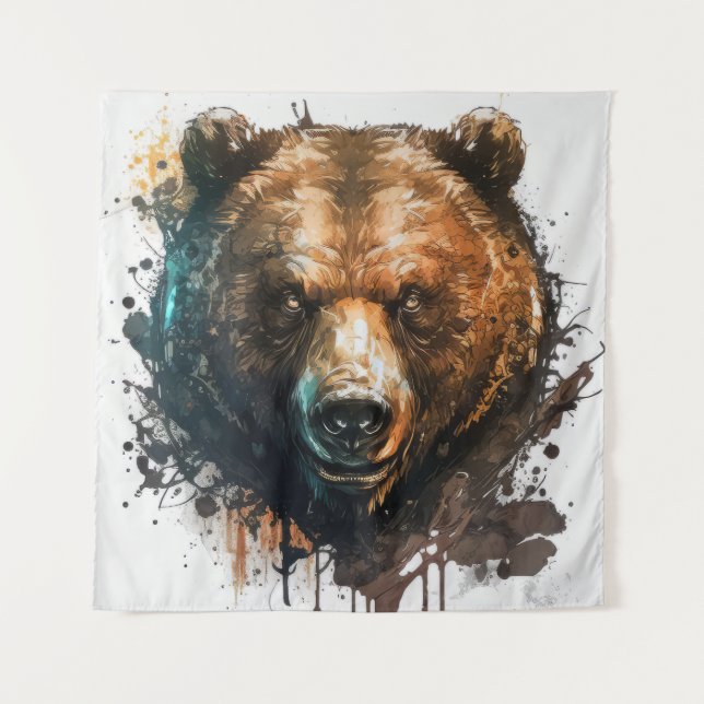 Grizzly Bear Portrait Animal Painting Wildlife Art Tapestry (Front)
