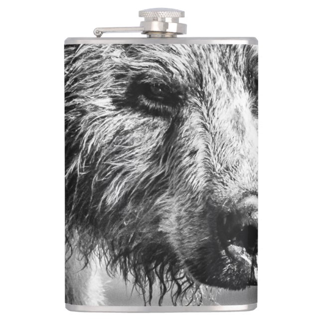 Grizzly bear portrait hip flask (Front)